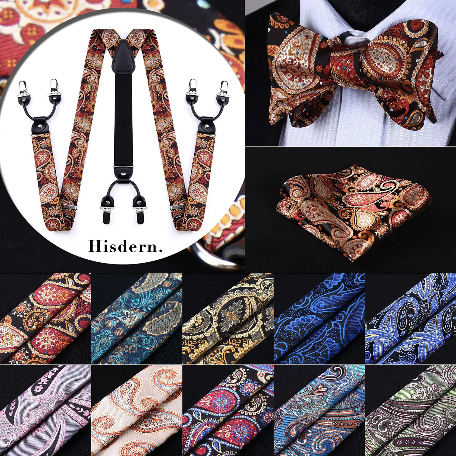 

Floral Paisley Various Classic 6 Clips Suspender&Bowtie and Pocket Square Set #S4