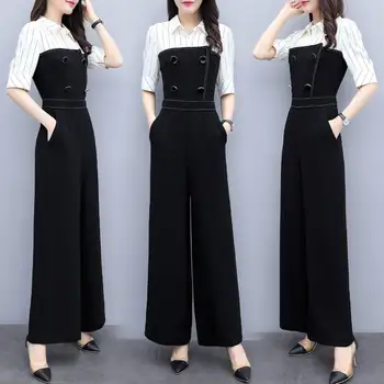 

2019 Women Jumpsuit Romper Elegant Turn-down collar Stripe Blouse Patchwork Casual Wide Leg Pant Jumpsuit Overalls Ladies Loose