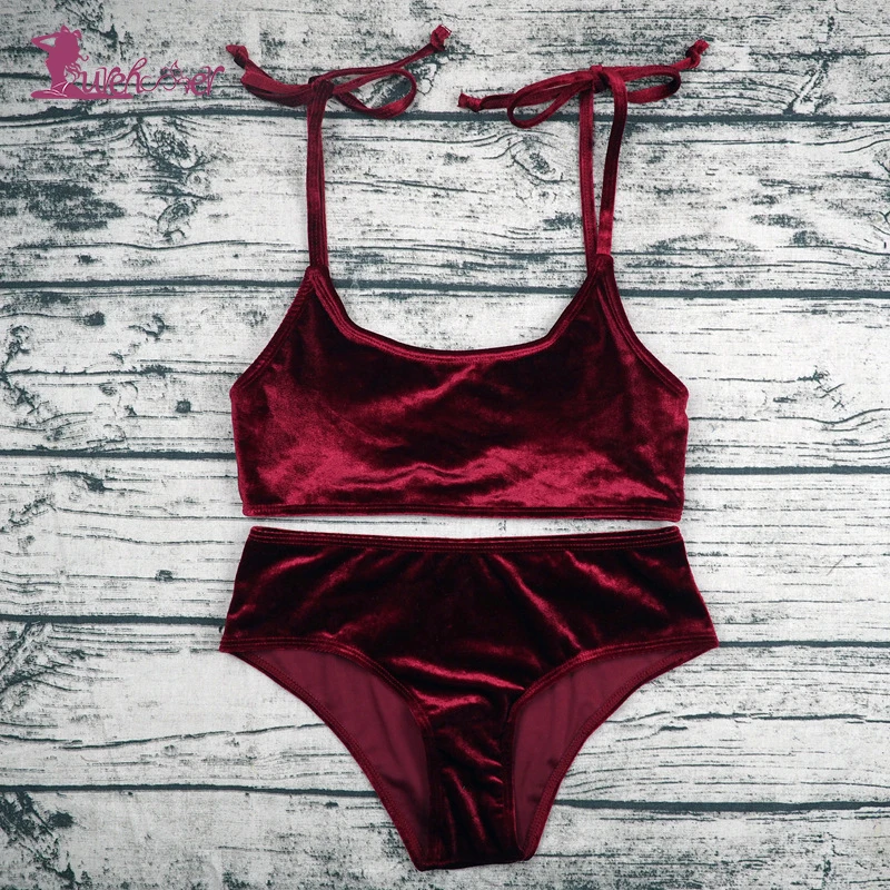 

Lurehooker Sexy Velvet Bikini Set Solid Low Waist Swimsuit Sport Bikinis for Women Two piece halter Swimwear Beach Bathing Suit