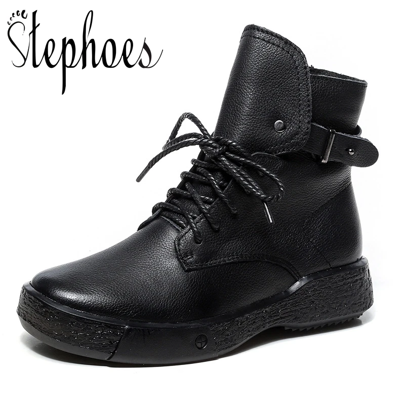 

Stephoes Luxury Women Fashion Ankle Boots Genuine Leather Metal Buckle Short Boots Winter Warm Handmade Retro Boots Botas Mujer