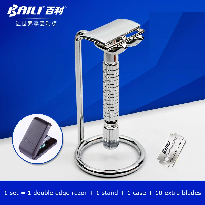 

BAILI Razor Set For Men Double Knife Edge Silver Stainless Straight Shaving Trimmer High Quality Men Beard Shave Epilator Set
