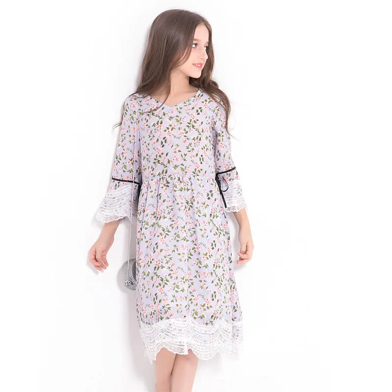 

Teen Girls Floral Print Dress Mid Calf Length Long Flare Sleeve Dress with Lace Trim Big Teenage Girls Loose Fit Dresses