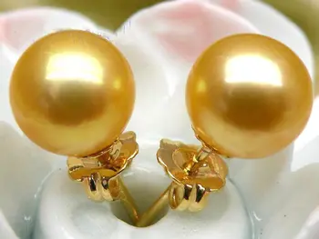 

9mm AAA+++ round golden yellow south sea pearl earring stud 14k solid gold