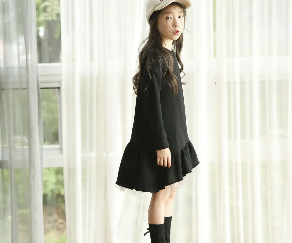 new 2018 mesh patchwork teenage girls long sleeve dresses for kids autumn winter black ruffles sweatshirt dress children clothes (13)