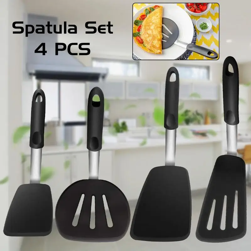 4pcs Silicone Frying Spatula Slotted Turner Cooking Tools Heat-resistant Kitchen Dining Non-stick Shovel Cooking Dinnerware Set