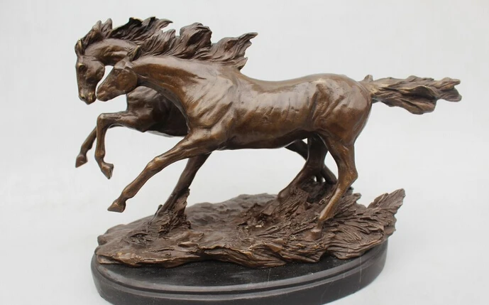 

free 10"Chinese Pure bronze Copper Base Marble Lucky Two Fly Run Horse Art Statue fast