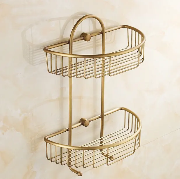 Bathroom two layer Wall Mounted Antique finish NEW Brass Shower Shelf