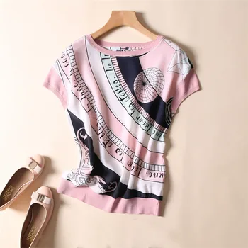 

New women s clothing European dollars rotator cuff globe printed silk short sleeve F12099 collapse