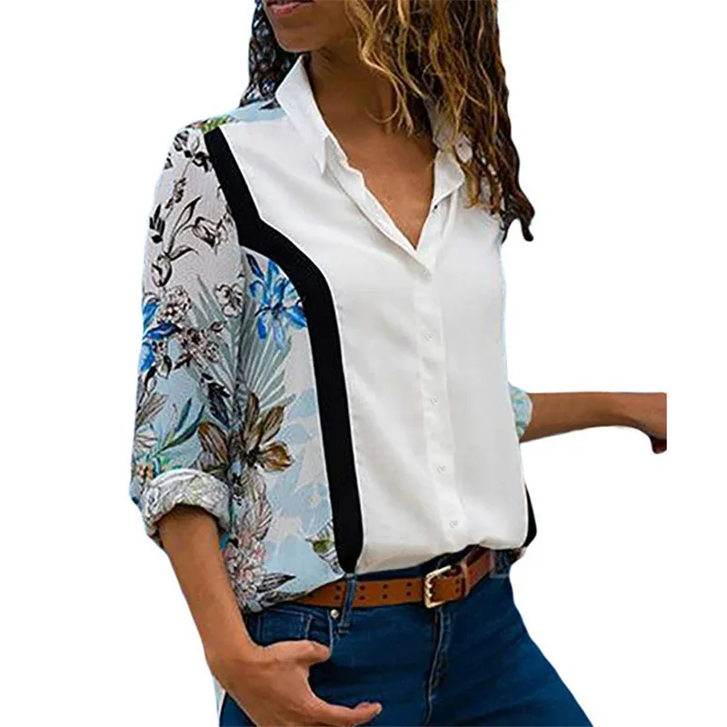 

2019 Autumn Blouses Women Patchwork Long Sleeve Leisure Ladies Shirts Turn Down Collar Office Blouse Casual Blusas Camisas Mujer