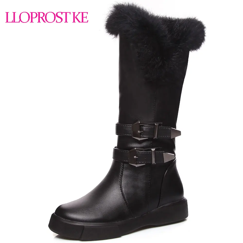 

Lloprost ke PU Leather Boots Flat Knee High Boots Black White Winter Comfortable Women Plush Snow Boots Large Size 34-43 D348
