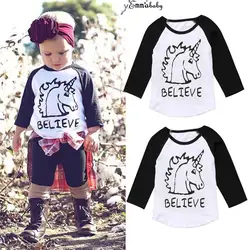 Милый Малыш Одежда для детей; малышей; девочек мультфильм Единорог одежда пуловер Топы Fille Jolie блузка рубашка с длинными рукавами хлопок
