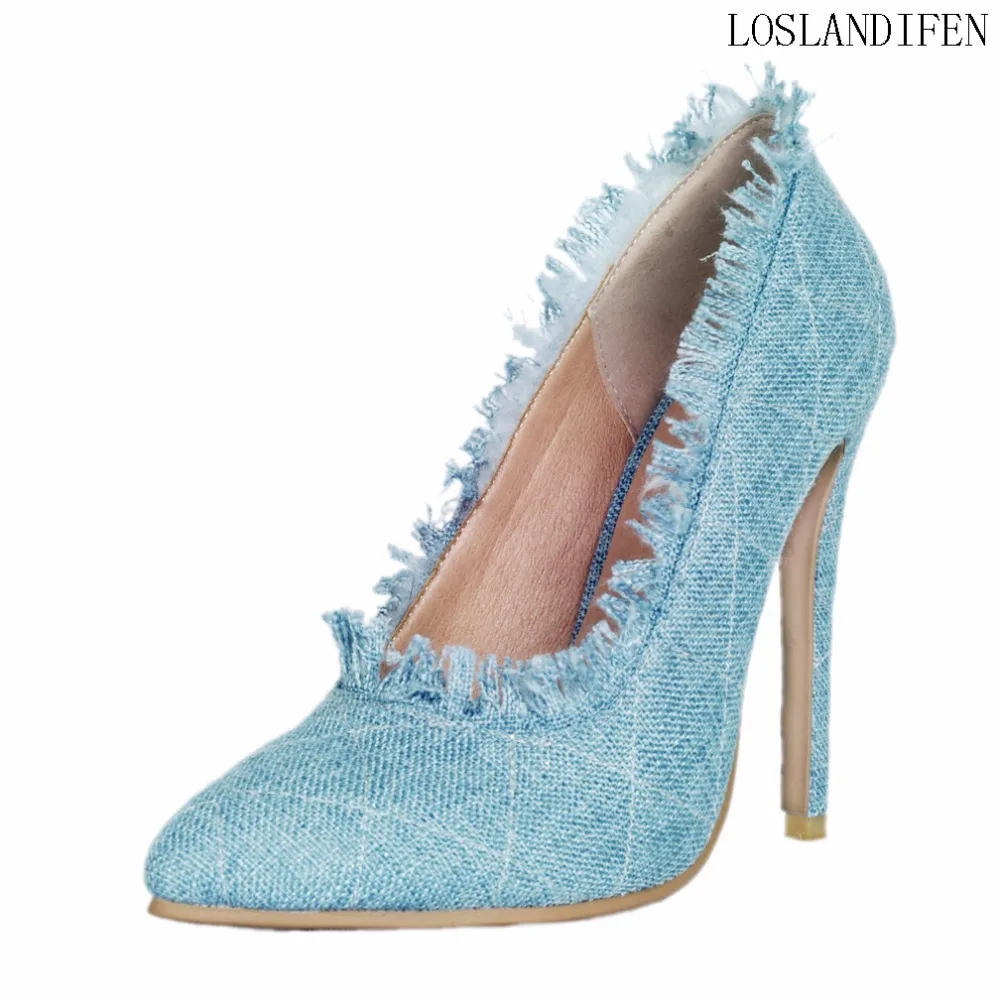 

Ladies Simple Style Handmade High Heel Pumps Demin Slip-on Tessal Party Prom Garden Summer Fashion Shoes A035