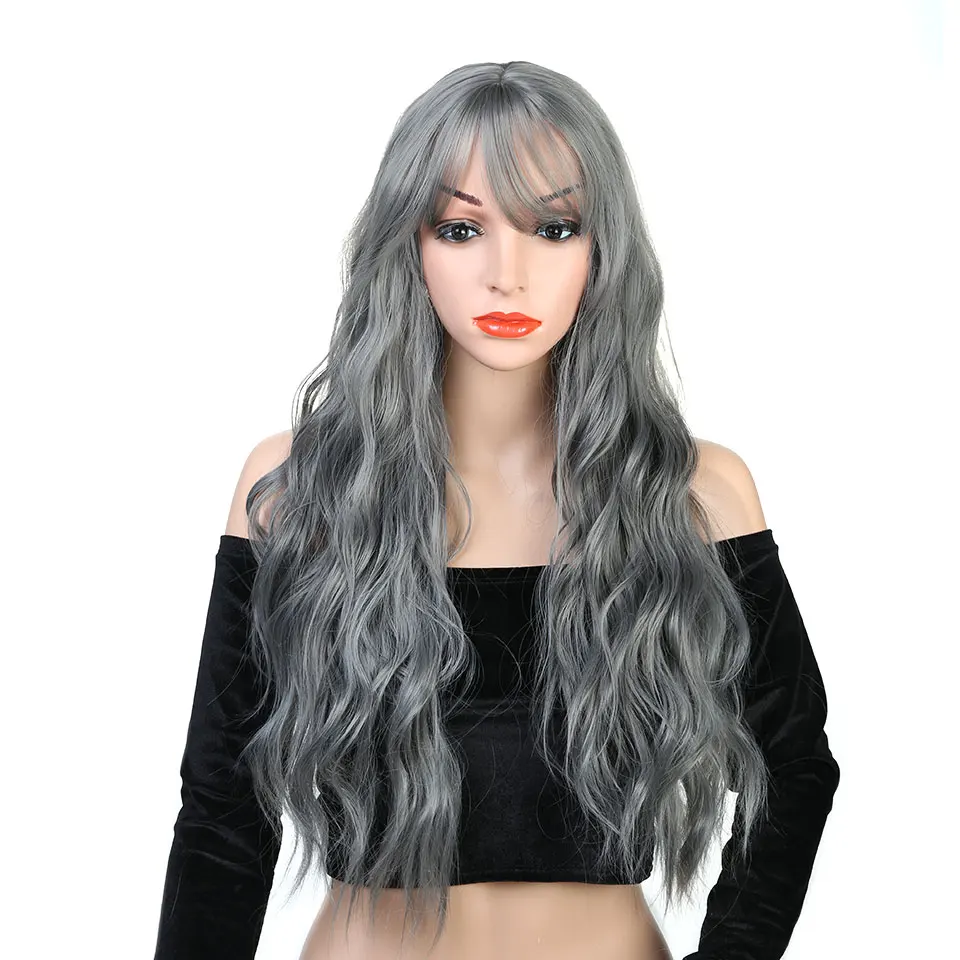 Pelucas largas Cosplay pelo ondulado Pageup con flequillo para mujeres señoras resistente al calor Negro Azul Rubio Rosa verde gris sintético peluca Pelucas largas Cosplay pelo ondulado Pageup con flequillo para mujeres señoras resistente al calor Negro Azul Rubio Rosa verde gris sintético peluca