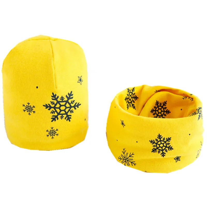 yellow snow hat set Новые Хлопковые плюшевые шапки для девочек с шарфом Фрукты Сова-овца Звезды Львиная шапочка для мальчиков Детская шапка с шарфом и воротником Комплект хлопчатобумажной шапки для детей - Цвет: yellow snow hat set
