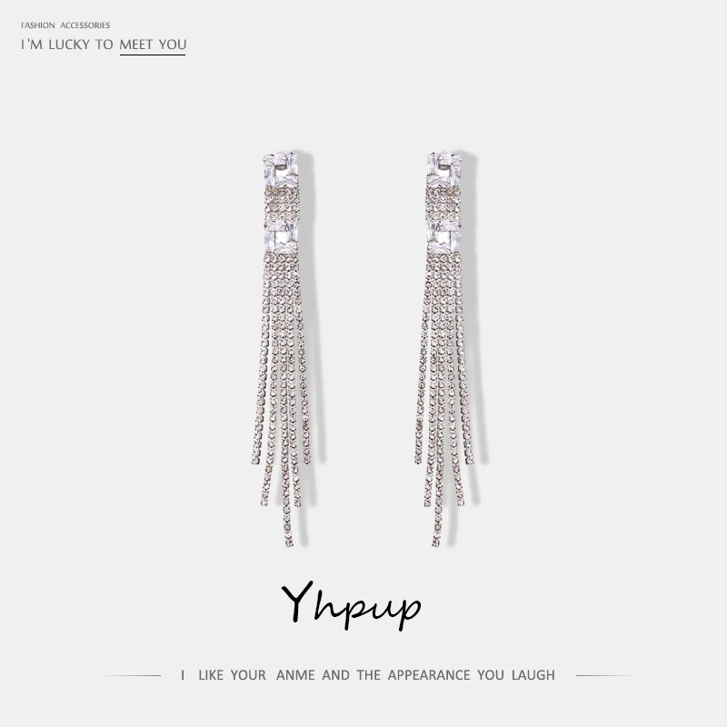 

Yhpup Fashion Luxury Full Rhinestone Long Tassel Drop Dangle Earring Hollow Zirconia Geometric Earring Women Party Bling Jewelry