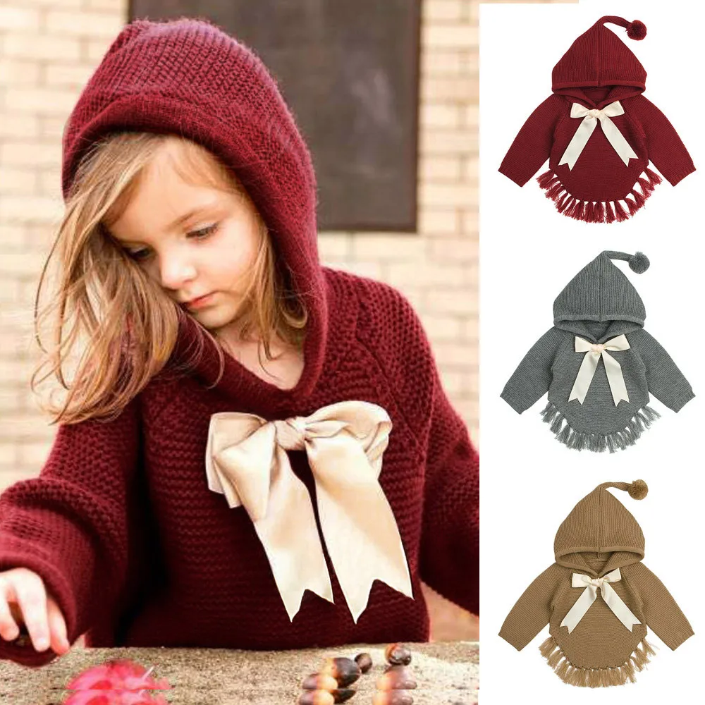 Winter Newborn Red jacket Infant Baby Boys Girls Bow Tassel Knitted Long Sleeve Hooded Tops Sweater Outfits Fringed hooded