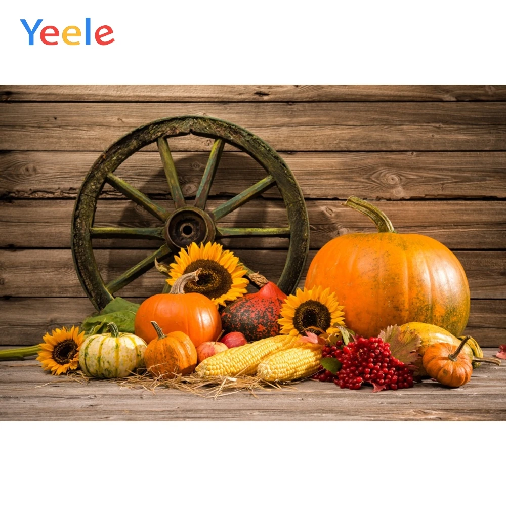 

Yeele Wooden Board Pumpkin Corn Rudder Autumn Harvest Photography Background Customized Photographic Backdrops For Photo Studio