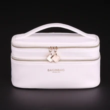 Женская кожаная сумка через плечо из ПУ кожи, модная для макияжа, косметичка с ремнем, карман для макияжа, косметичка, косметичка, двойной слой косметики, сумка A006