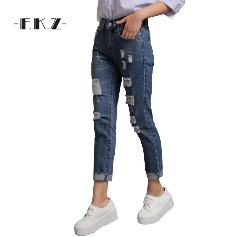 

FKZ Fashion Jeans Women Pencil Pants Vintage Cotton Mid Waist Jeans  Hole Pants Female Sexy Girls Trousers Lady Jean GNJP001