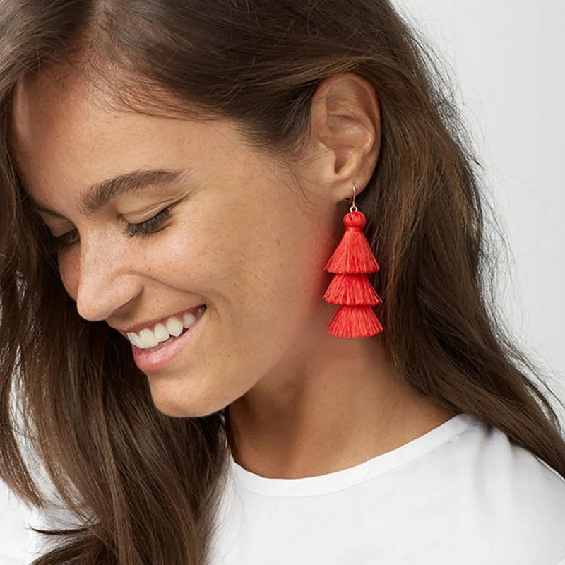 

Girlgo Bohemian Multi Layers Long Tassel Dangle Earrings For Women New Trendy Geometric Statement Fringe Drop Earrings Jewelry