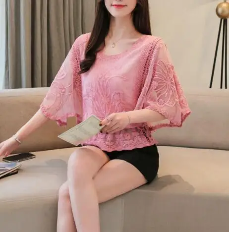 New Chiffon Blouse O-Neck 2019 Summer Full Cotton Edge Lace Blouses Shirt Butterfly Flower Half Sleeve Women Shirt Fashion