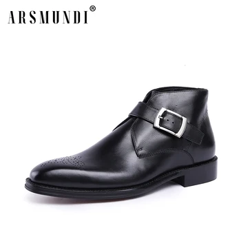 

Men's Ankle Boots Cowhide Leather Retro Leather Boots Square Toe Wedding Business Dress Rubber Sole Buckle Strap 2019 New