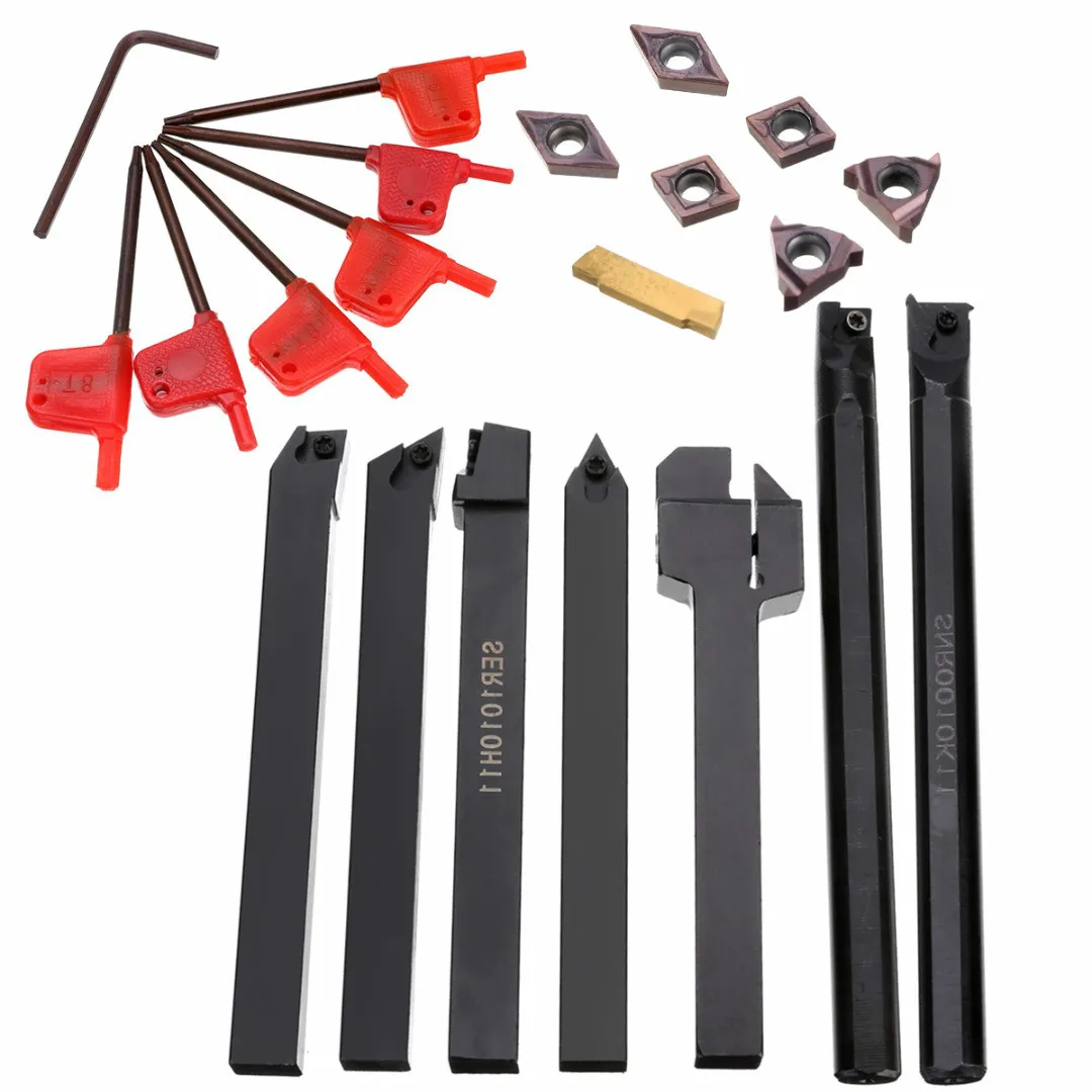 7Pcs 10mm Shank Lathe Turning Tool Holder Boring Bar With Carbide Inserts UK