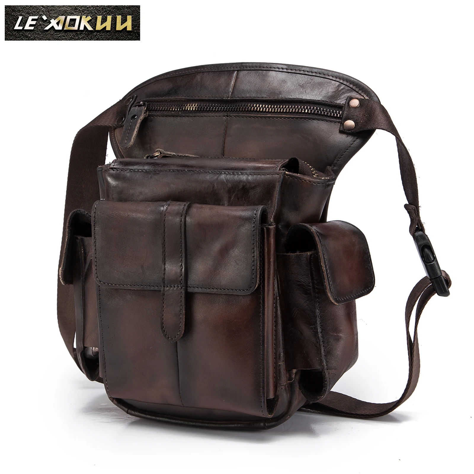 

Real Leather Men Design Casual Messenger Crossbody Sling Bag Multifunction Fashion Waist Belt Pack Leg Drop Bag Pouch 913-5db