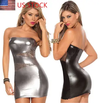 

Ladies Women Leather Wet Look Hollow out Clubwear Dress Bodysuit Nightwear