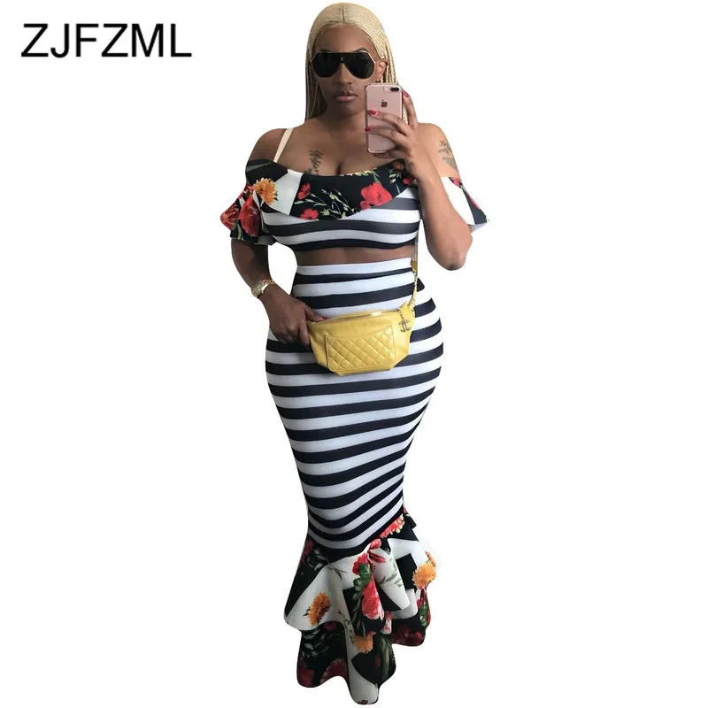 

Floral Striped Print 2 Piece Set Women Spaghetti Strap Backless Crop Top+Bandage Long Mermaid Skirts Summer Two Pcs Club Outfits