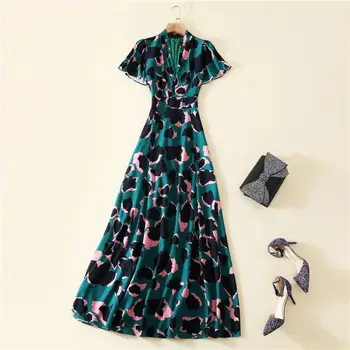 

The new spring and summer 2020 vintage camouflage leopard print lotus leaf sleeve v-neck cultivate one's morality dress