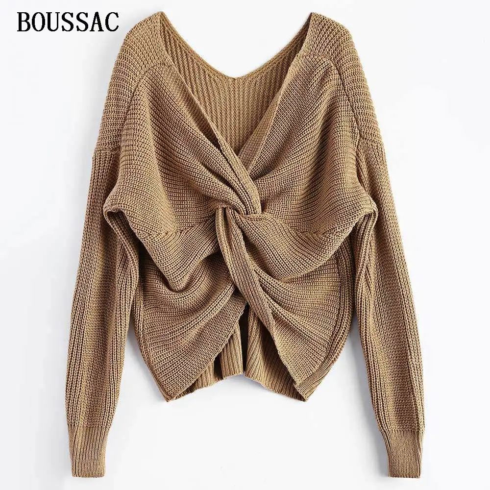 

2018 New 5 colors V Neck Twisted Back Sweater Women Jumpers Pullovers Casual Tops Long Sleeve Knitted Sweaters pull femme