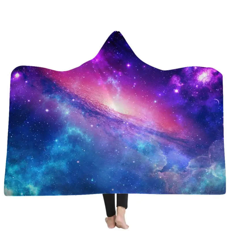 

Starry Sky Thick Hooded Blanket Universe Winter Bed Throw Soft Warm Wearable Blanket Fleece Microfiber Throw Blanket