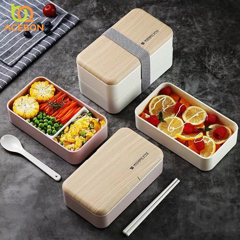 

ACEBON Microwave Double Layer Lunch Box 1200ml Wooden Salad Bento Box BPA Free Portable Container Box Workers Student