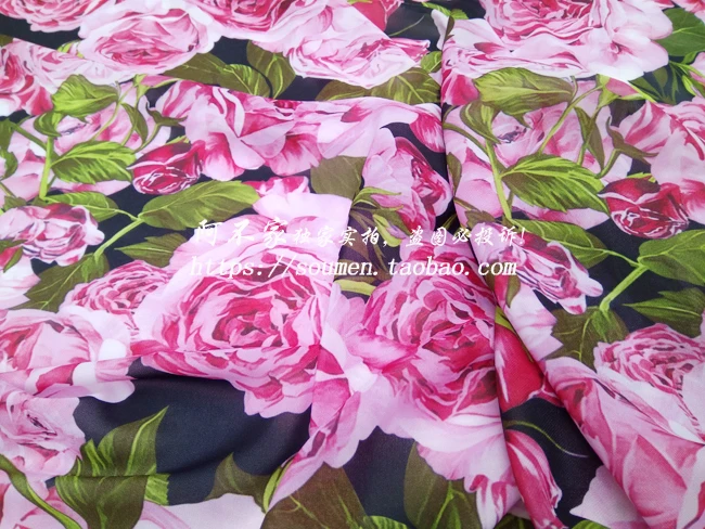 100X145 см Модная Неделя Розовые розы цветы зеленые листья тонкая шифоновая ткань для женщин девушки летние длинные пляжные платья DIY-AF377