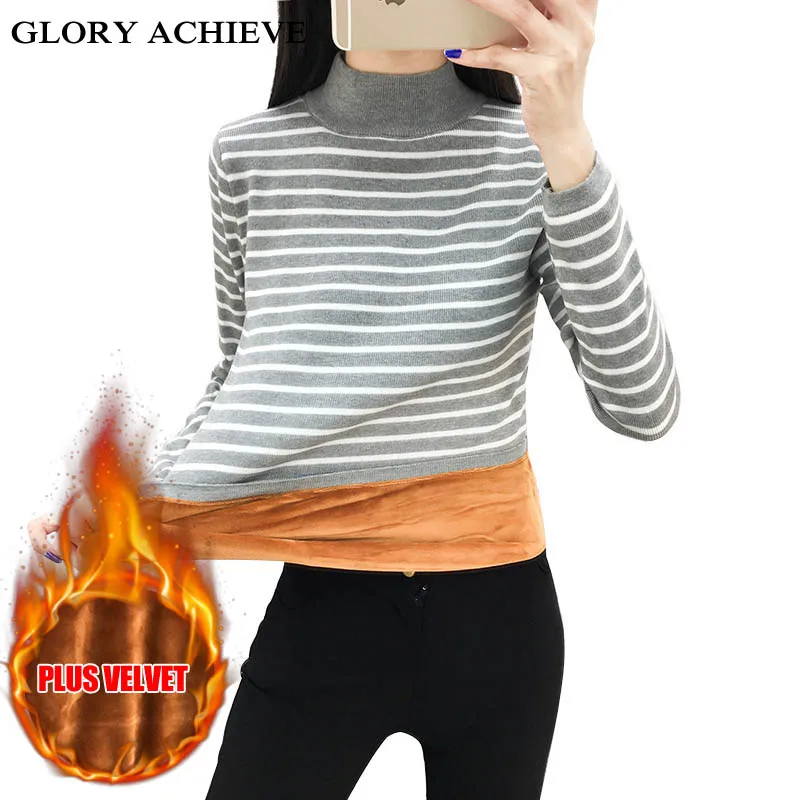 

Turtleneck Velvet Thicking Pull femme 2018 Winter Striped Knit Sweater Warm Women pullover sweaters