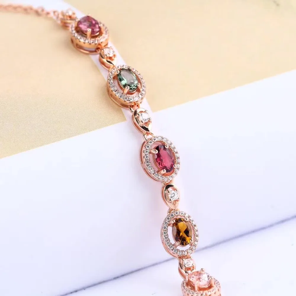 Драгоценный камень ювелирные изделия 2019 новый дизайн модный 925 стерлингового серебра натуральный красочный турмалин браслет для женщин