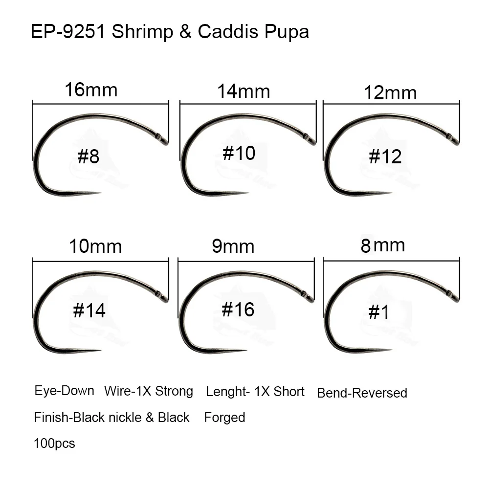 Eupheng, 100 шт., рыболовный крючок для соревнований, для ловли нахлыстом, крючок для завязывания мух, рыболовный, сухой, Nymph Shirmp, мокрый, Caddis, крючок для ловли нахлыстом, черный никель - Цвет: Shirmp fly hook 9251