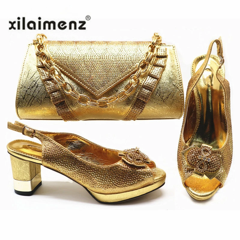 

Gold Color High Quality Elegant Italian Shoes with Matching Bag Shoe and Bag Set African Shoe for Women Wedding and Party