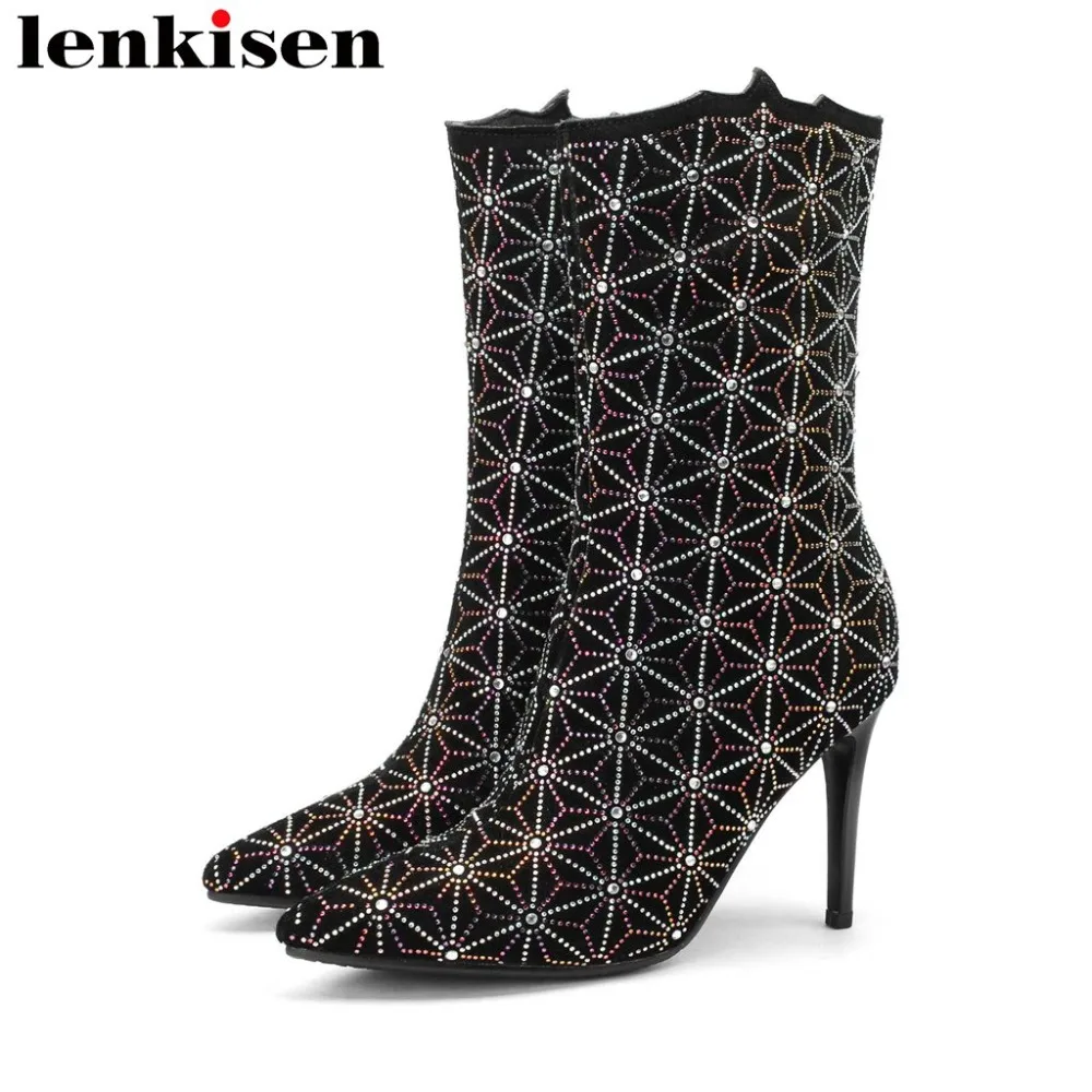 

2018 new arrival colorful glitter crystal zipper super high stiletto heels big size pointed toe british style mid-calf boots L23