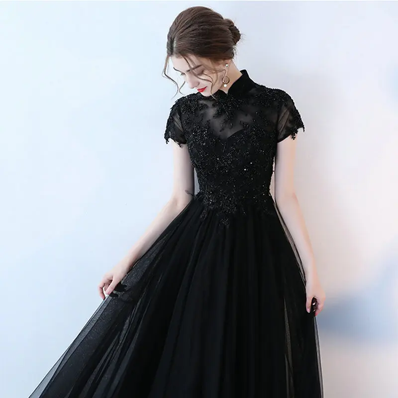 Unique Dark Navy Evening Dresses Long 2019 New Sexy Black Party Evening Gowns High-Neck Tulle Beading Formal Dress High Quality