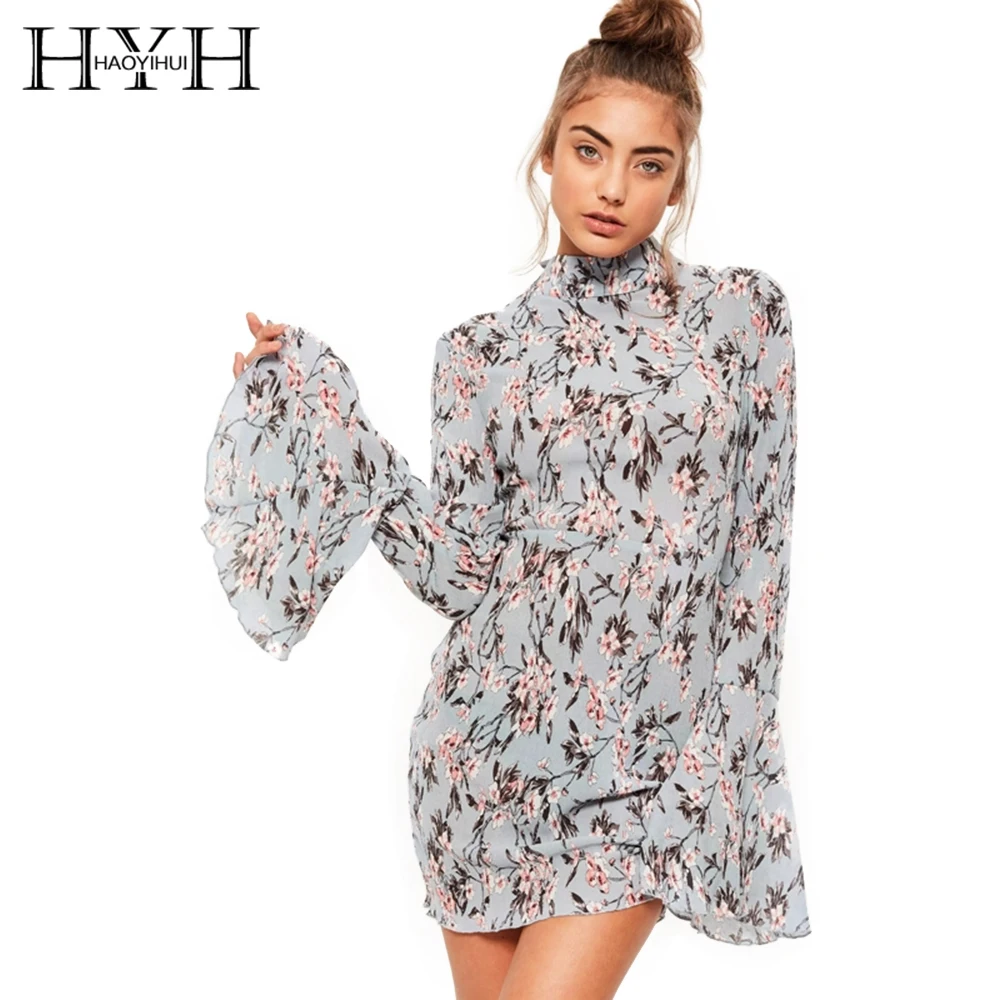 Image HYH HAOYIHUI Floral Print Women Dress Long Flare Sleeve High Collar Casual Vestidos Back Tie Streetwear Sweet Mini Dress