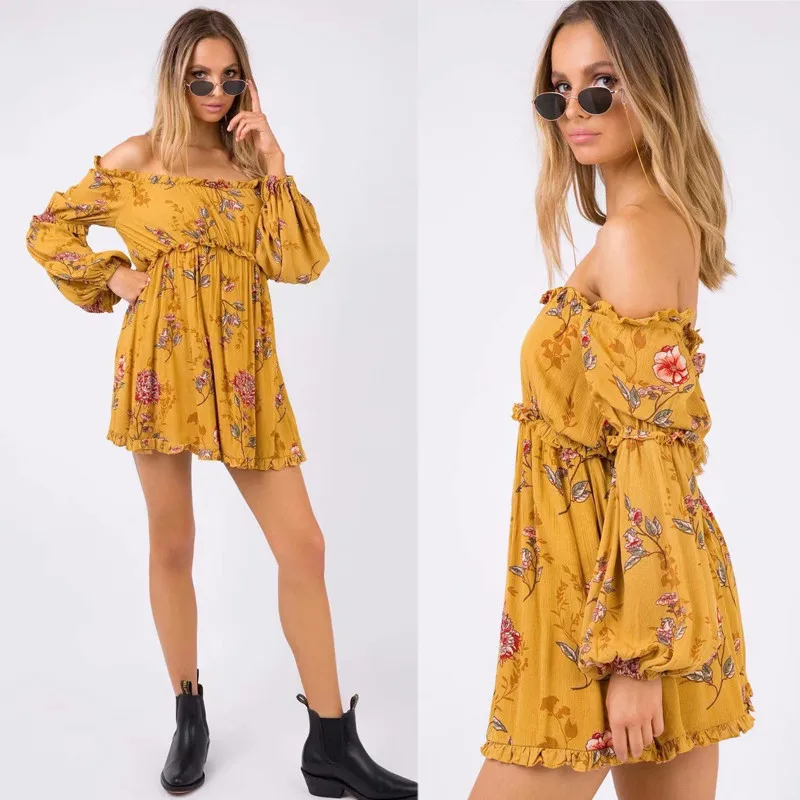 yinlinhe Yellow Off Shoulder Summer Dress Long Sleeve Floral Beach Dress Women Backless Lace Up Elegant Boho Vestidos 1