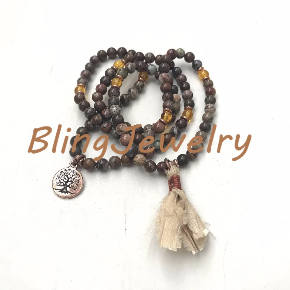 N17082544 Stretch Mala Beads, Brown & Green African Opal Mala Beads Mala To Wrap Around WristSari Silk Tassel (2)