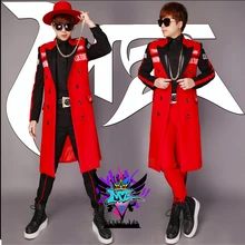 Новинка для певцов в ночном клубе мужские двубортная удлиненная куртка красного и черного цветов костюм с надписью костюмы/S-3XL