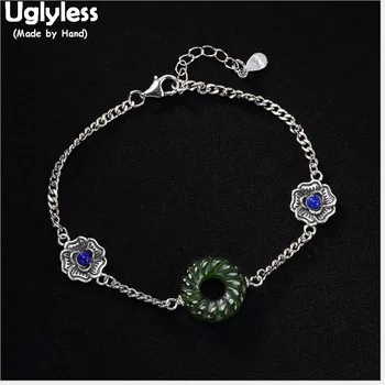 

Uglyless Real 925 Sterling Silver Jewelry Nature Jasper Hollow Round Charms Bracelets Women Twisted Bracelet Lapis Flower Bijoux