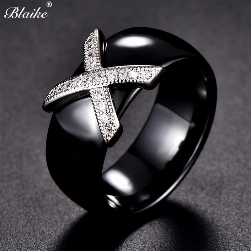 

Blaike Vintage Fashion Black/White/Pink Ceramics Rings for Women 316L Stainless Steel AAA Cubic Zirconia X Ring Wedding Jewelry