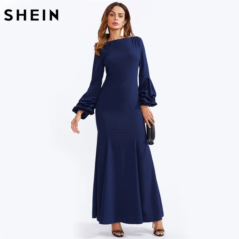 SHEIN Gathered Sleeve V Back Fishtail Blue Dress Sexy Party Winter Dresses Navy Boat Neck Zip Back Long Sleeve Maxi Dresses womens-long-maxi-dresses : image SHEIN Gathered Sleeve V Back Fishtail Blue Dress Sexy Party Winter Dresses Navy Boat Neck Zip Back Long Sleeve Maxi Dresses womens-long-maxi-dresses