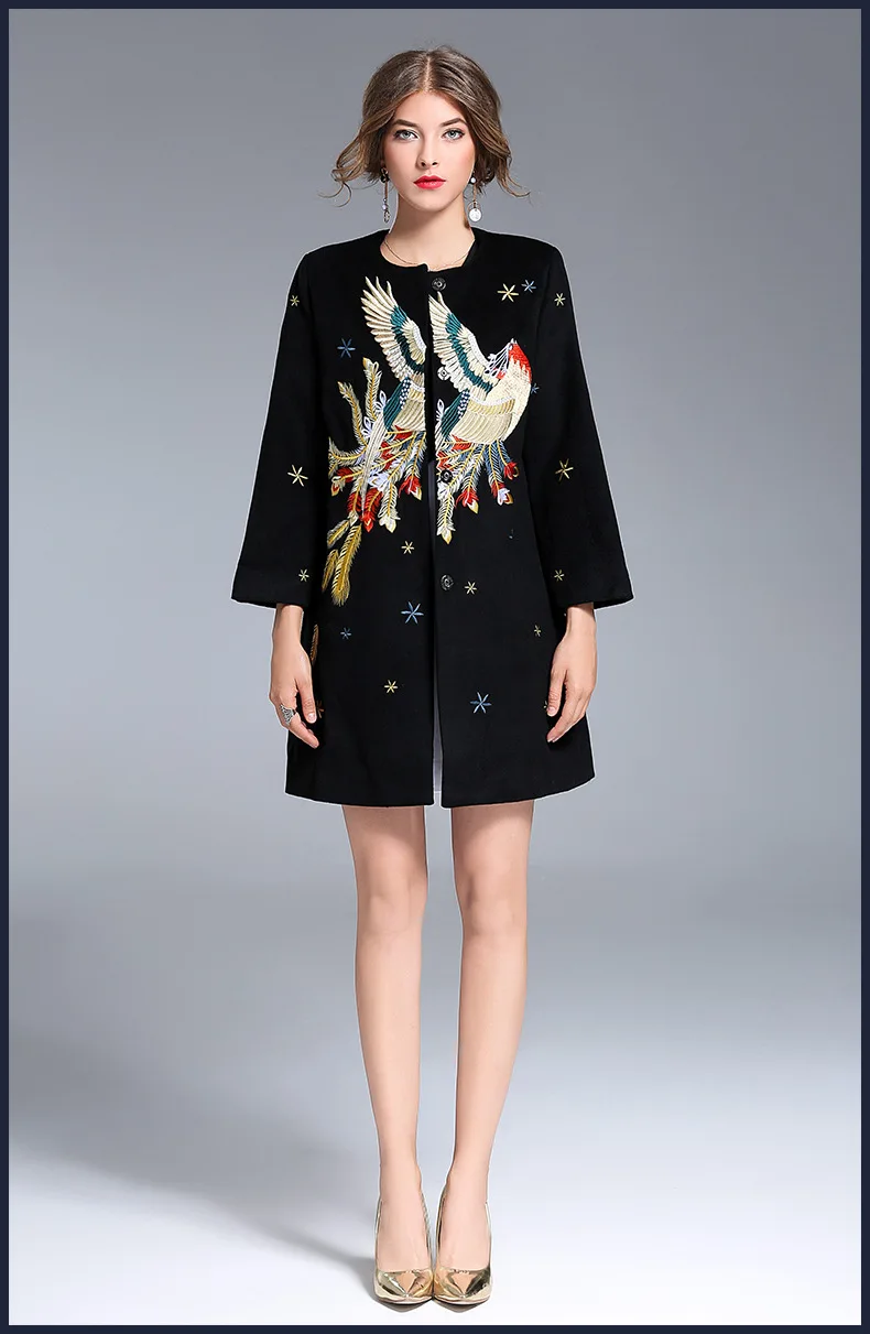

High quality bird embroider woolen coat Fashion 2017 Fall/winter runways warmed wool overcoat Fashion slim women Topcoat