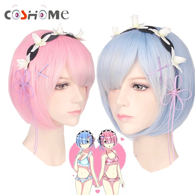 

Coshome Re zero Ram Rem Wigs Headdress Re:Life In A Different World From Zero Cosplay Costumes Blue Pink Swimsuits